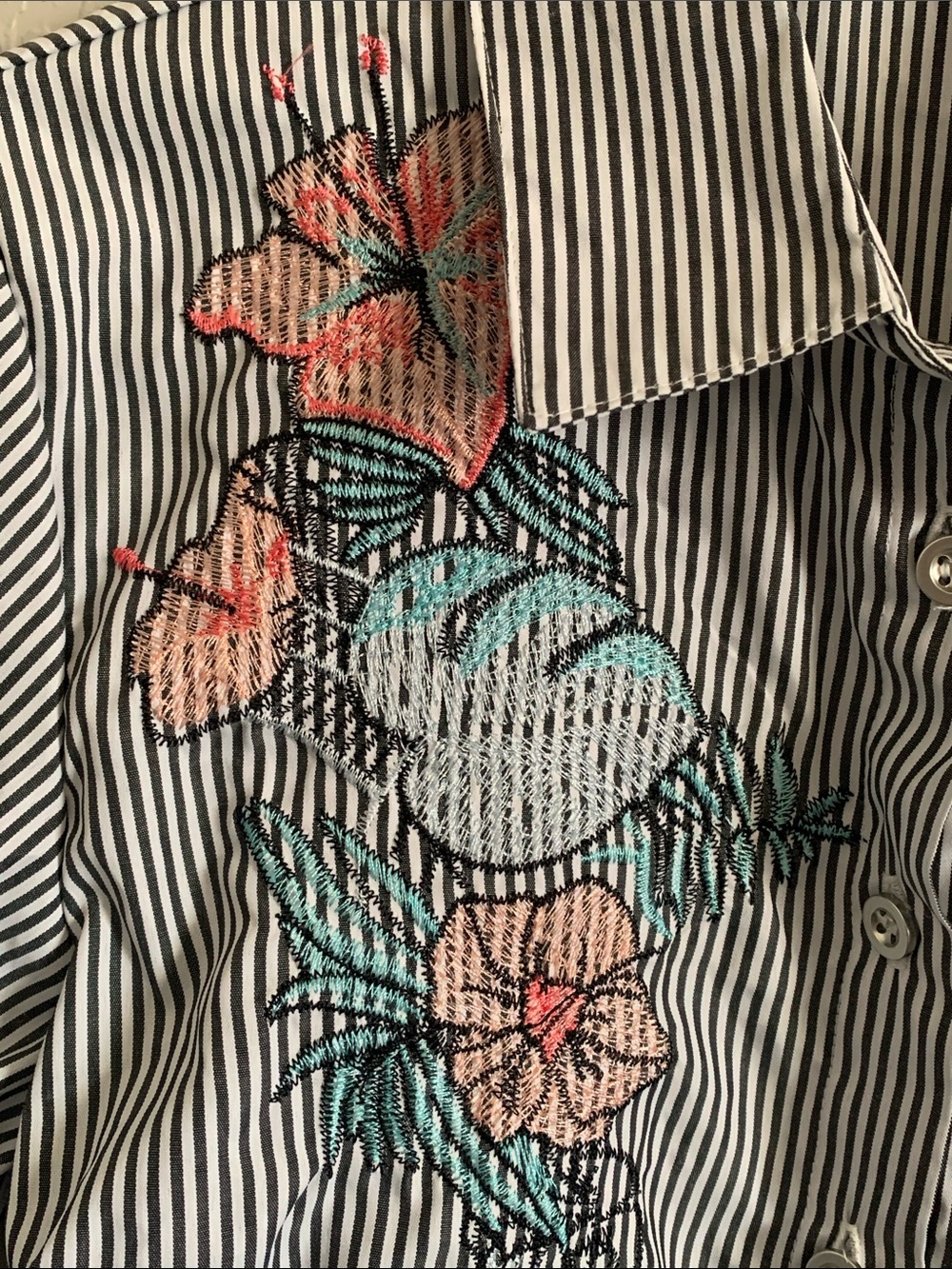 Kontrol Grey & White Striped Button Down Shirt with Floral Embroidery - Picture 6 of 11